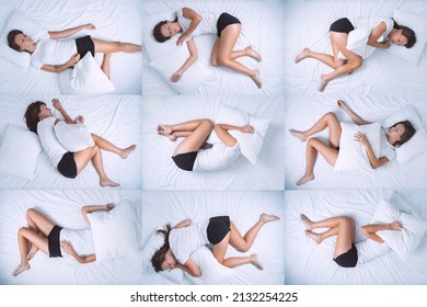 Top view of woman in different sleep positions. Tossing and turning at night. Insomnia, sleeping problems or sleep disorders - Shutterstock ID 2132254225
