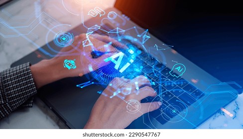 Top view of woman fingers typing on laptop keyboard, AI hologram with chatbot and online communication, digital lines and global connection. Concept of machine learning and computing - Shutterstock ID 2290547767