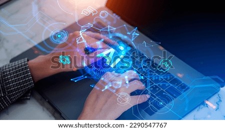 Top view of woman fingers typing on laptop keyboard, AI hologram with chatbot and online communication, digital lines and global connection. Concept of machine learning and computing