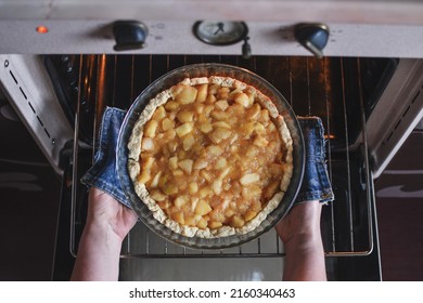 Top view of woman hands putting sweet apple pie for baking into the oven. Low DOF. 