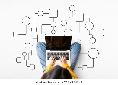 Top view of woman sitting on floor and using laptop with illustration business process and workflow automation with flowchart