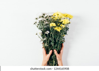 Top view woman's hands holding bouquet of daisy flowers of white and yellow colors, flat lay floral composition on wooden table.