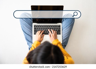 Top View Of Women Use Computer Laptop To Find What They Are Interested In. Searching Information Data On Internet Networking Concept