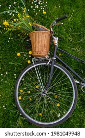 Top View Of Women's Modern Bicycle Lying On A Flowering Meadow. Flowers In A Wicker Basket. Vertical Image.