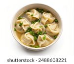 Top view of Wonton Soup in a bowl, isolated on white background