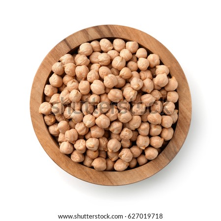 Top view of wood bowl with chickpeas isolated on white