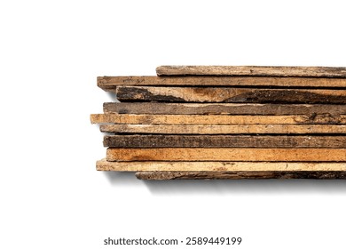 Top view of wood plank stack isolated over white background. Natural wooden texture. Flat lay