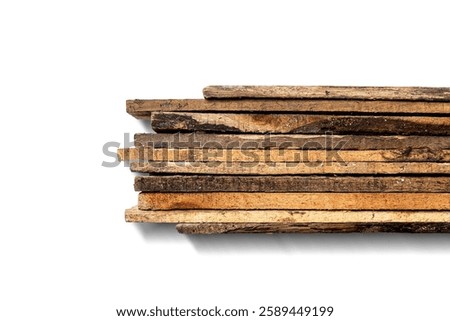 Top view of wood plank stack isolated over white background. Natural wooden texture. Flat lay