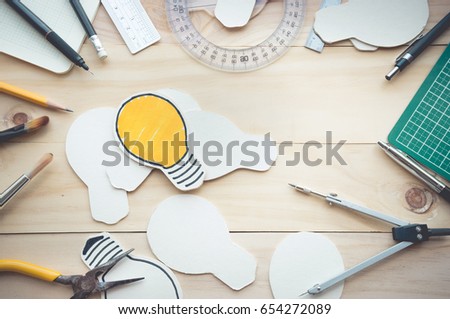 Top view of wood table with elements of tools,equipment.Creativity decoration designand handmade concepts