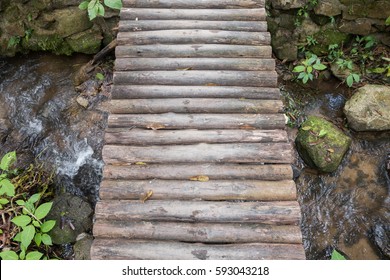 Top View Wooden Bridge Over Small River