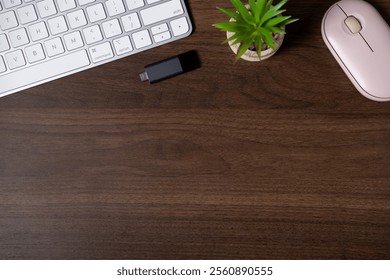 top view of wooden desk with keyboard, USB drive, potted plant, and pink computer mouse for modern workspace - Powered by Shutterstock