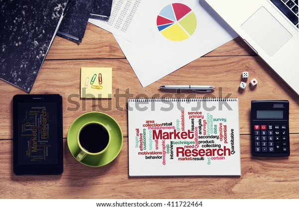 Top View Wooden Desk Market Research Royalty Free Stock Image