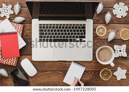 Similar – Desktop office mix on a wooden table