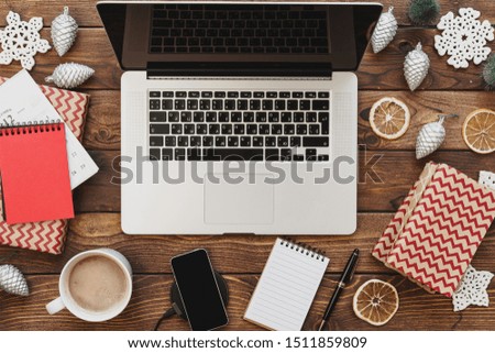 Similar – Desktop office mix on a wooden table