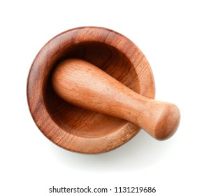 Top view of wooden mortar and pestle isolated on white
