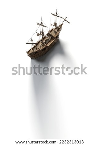 Top view of wooden sailboat sails steampunk fantastic wooden Dutch ship in the style of engraving. Isolated On White background with clipping path.