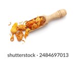 Top view of a wooden scoop filled with Organic Mace (Myristica fragrans) or javitri. Isolated on a white background.