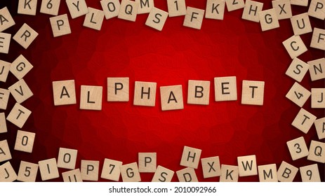 Top View Of Word Alphabet Written With Wooden Letters With Scattered Alphabet Letters In Background