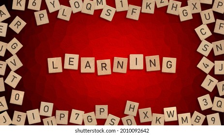 Top View Of Word Learning Written With Wooden Letters With Scattered Alphabet Letters In Background