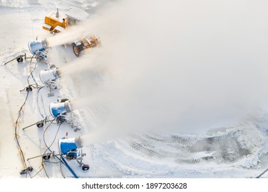 Top view of the work of four snow cannons for the production of artificial snow. - Powered by Shutterstock