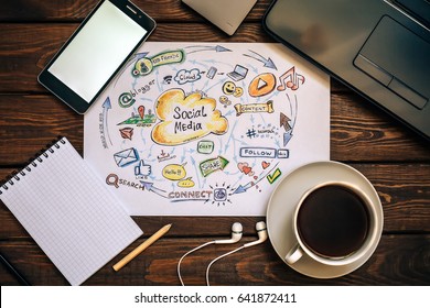 Top View Of Working Place - Social Media And Social Network Marketing Concept, Funny Picture Of Modern Internet Communication Trends. Cup Of Coffee, Laptop, Phone, Notepad, Headphones, Wooden Table