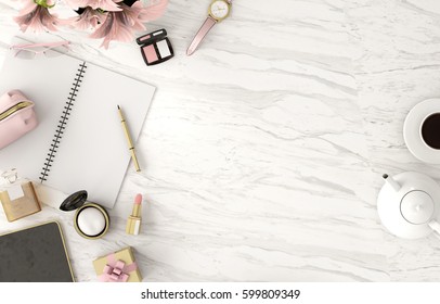 top view working space with laptop,smartphone,flower,cup of coffee and cosmatics  for Beauty and fashion designer,marble background - Powered by Shutterstock