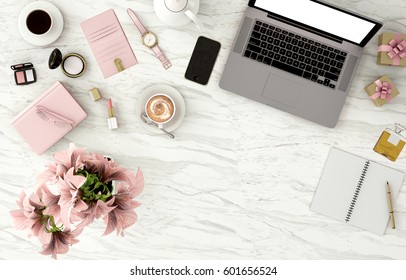 top view working space with laptop,smartphone,flower,cup of coffee and cosmatics  for Beauty and fashion designer,marble background,work from home - Powered by Shutterstock