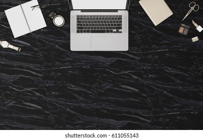 Top View Of Working Space On Black Marble