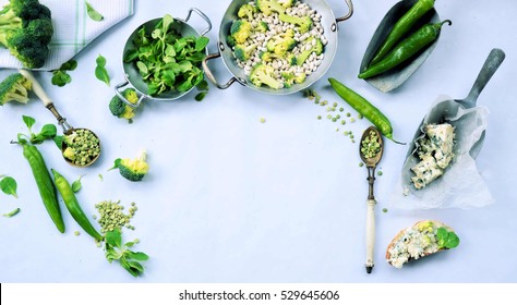 top view workplace cook with fresh vegetables with copy place for text or logo / cooking business concept