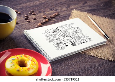 Top view of workplace with notepad for ideas and cup of coffee