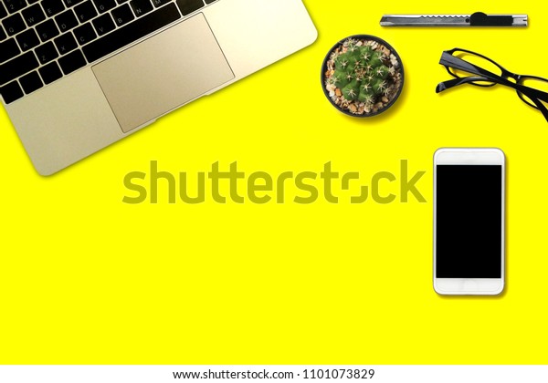 Top View Yellow Desk Accessories Stock Photo Edit Now 1101073829