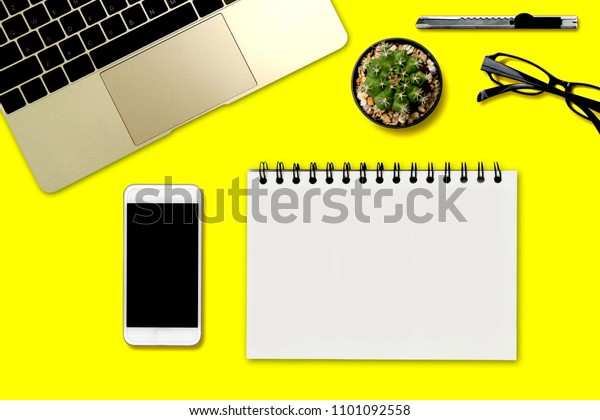 Top View Yellow Desk Accessories Stock Photo Edit Now 1101092558