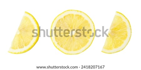 Top view of yellow lemon half and slices in set is isolated on white background with clipping path.