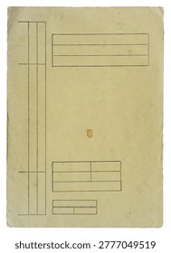top view of yellow old document folder with blank lined boxes and border frame design