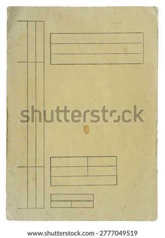 top view of yellow old document folder with blank lined boxes and border frame design