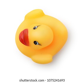 Top view of yellow rubber bath duck isolated on white