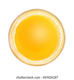 Top View Of Yellow Soft Drink And White Foam In Simple Glass. Isolated On White Background. Round Copy Space In Center