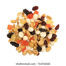 Top view of yogurt covered raisin trail mix isolated on a white background.