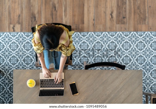 Top View Young Asian Woman Sitting Stock Photo Edit Now 1095489056