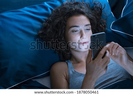 Similar – Image, Stock Photo young woman on bed working on laptop.Cute small dog besides