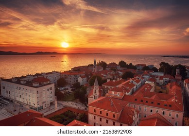 Top view of the Zadar old town and sea. Zadar, Croatia. Travel destinations vacational background. View from above at sunrise - Shutterstock ID 2163892903