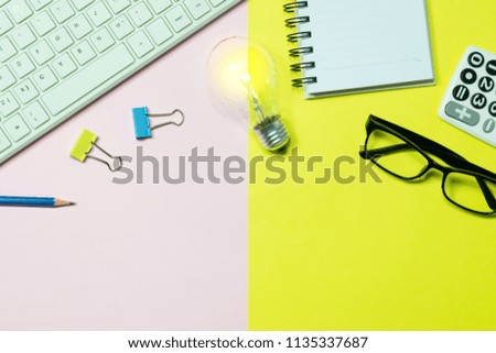 Top view,flat lay keyboard,notebook,pen,paperclip or object for office apply on colorful with copy space  background.