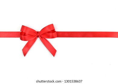 Top View(Flat Lay) Of Red Ribbon Isolated On White Background. Red A Bow With Straight Line. 