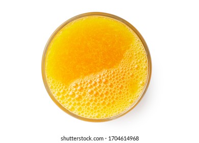 Top View,Fresh Squeezed Orange Juice With Small Pieces Of Oranges And Bubble In Circle Glass. Fresh Orange Juice Isolated On White Background With Clipping Path. Studio Shot .