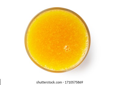 Top View,Fresh Squeezed Orange Juice With Small Pieces Of Oranges And Bubble In Circle Glass. Fresh Orange Juice Isolated On White Background With Clipping Path. Studio Shot .