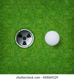 Top Views Of Golf Ball And Golf Hole On Green Grass Texture Background.