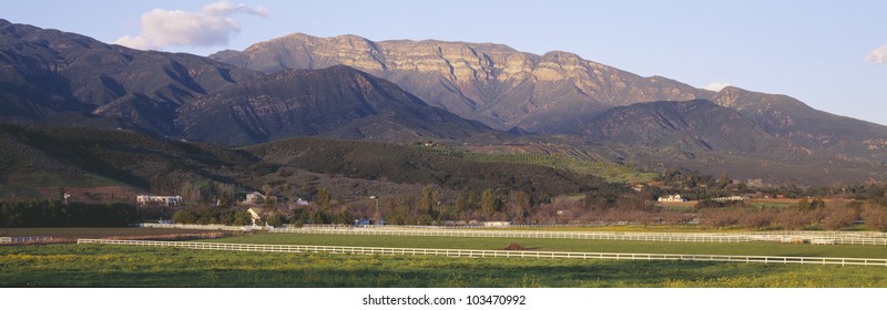 Topa Topa Bluffs overlooking ranches in Upper Ojai Valley, California