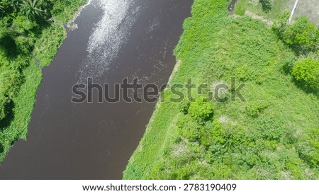 A top-down aerial drone perspective captures a winding natural blackwater stream flowing along an irregular path through a degraded peatland ecosystem, highlighting critical natural hydrological functions.