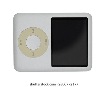 Top-down close-up view of a silver MP3 music player with a distinct click wheel.