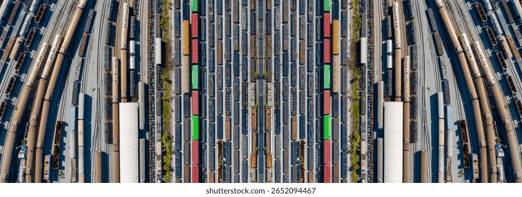 Top-down drone image of freight containers aligned in symmetrical pattern at rail terminal, reflecting modern transport system and commercial organization.
